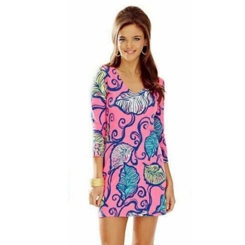 Lilly Pulitzer Clarke Shift Dress Small S Hot Pink Leaves In The Breeze Tropical